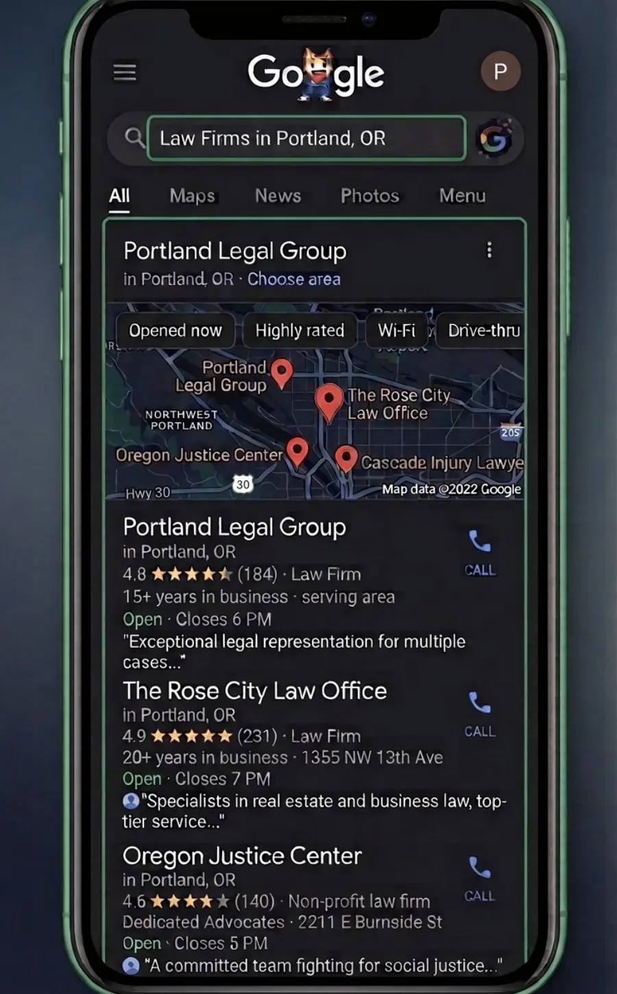 Mobile search results showing local law firm listings in Portland, OR